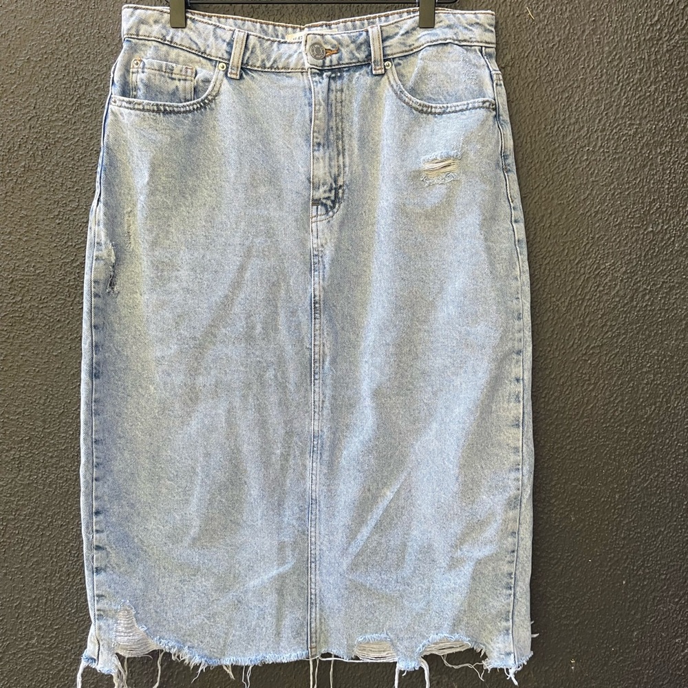 Distressed Midi Denim Skirt